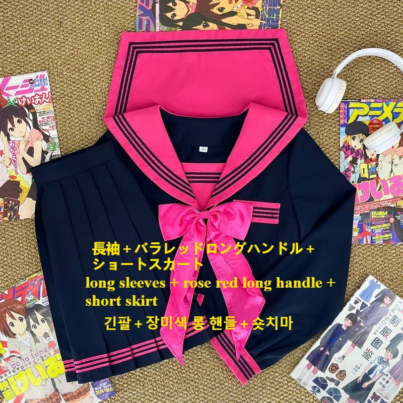 Japanese Dark College Style Rose Red Three Sailor Suit JK School Uniform,Slim Pleated Skirt Set for Campus Daily Graduation Wear