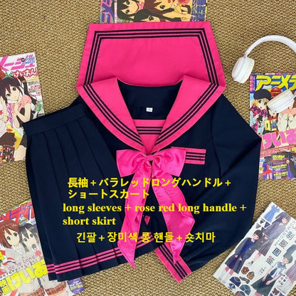 Japanese Dark College Style Rose Red Three Sailor Suit JK School Uniform,Slim Pleated Skirt Set for Campus Daily Graduation Wear