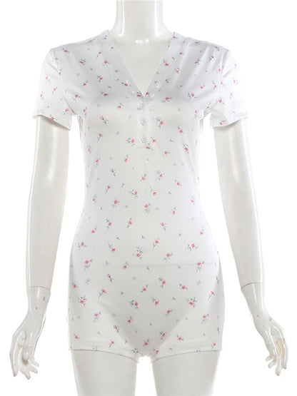 Kliou Casual Fashion Playsuits Woman Floral Print Button V-Neck Short Sleeve Skinny Stretch Summer Street Elegant Style Rompers