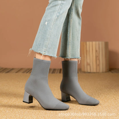 Black Square Toe Knit Sock Boots Elastic Slim Thick Block Heel High Heels Short Boots Fashion Autumn Casual Skinny Ankle Boots