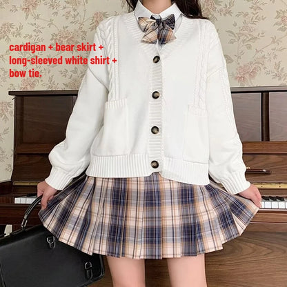 School Autumn Winter Lazy Style Japanese JK Knit Cardigan Loose College Sweater Plaid Skirt Matching Set For Campus Daily Class