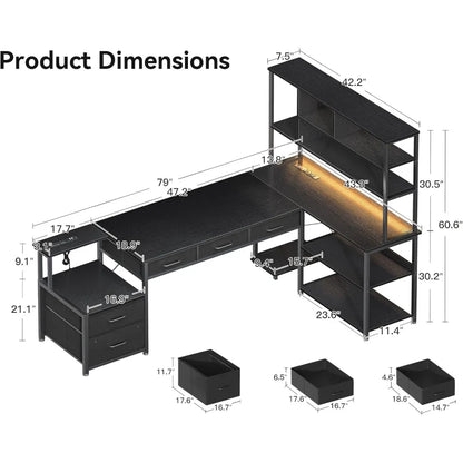 79 Inch L Shaped Desk with 5 Drawers, LED Light and 2 Outlets for Home Office