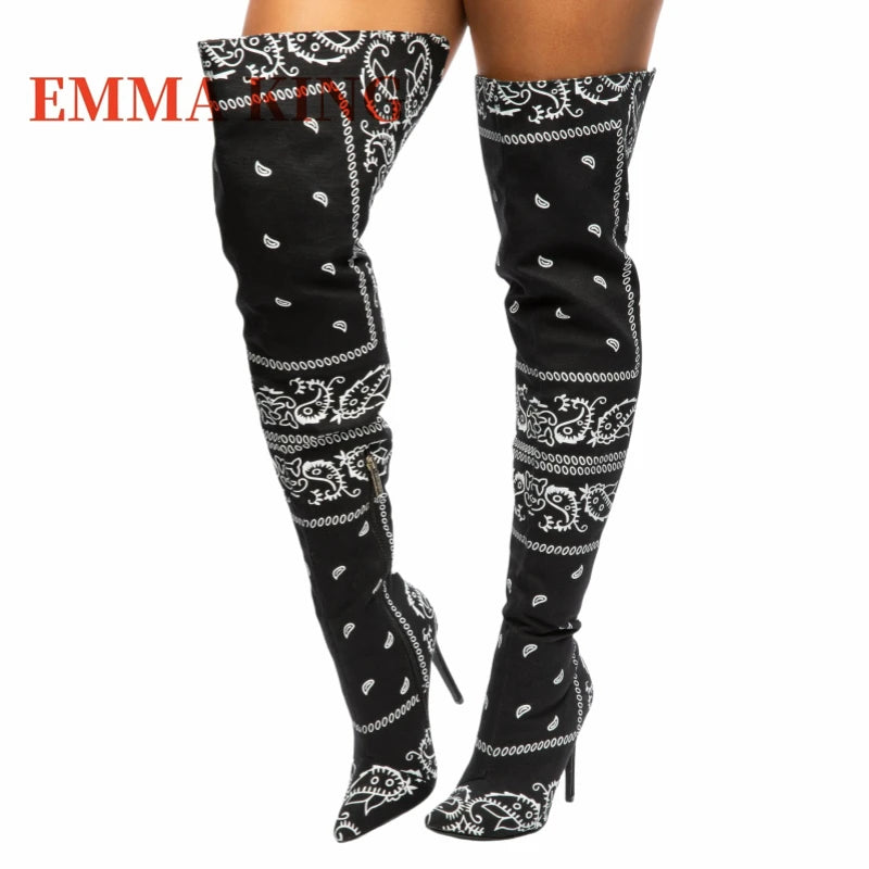 Autumn Winter Women Thigh High Boots Bandana Prints Bad Girl Heels Shoes Pointy Toe Silk Stiletto Botas Altas Mujer Size 35-44
