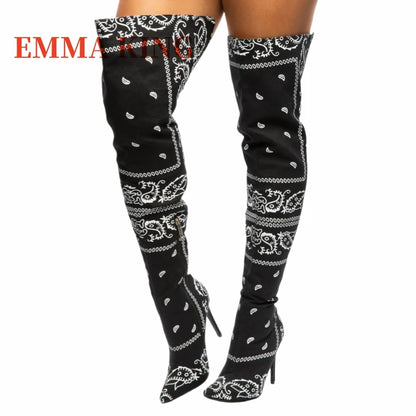 Autumn Winter Women Thigh High Boots Bandana Prints Bad Girl Heels Shoes Pointy Toe Silk Stiletto Botas Altas Mujer Size 35-44
