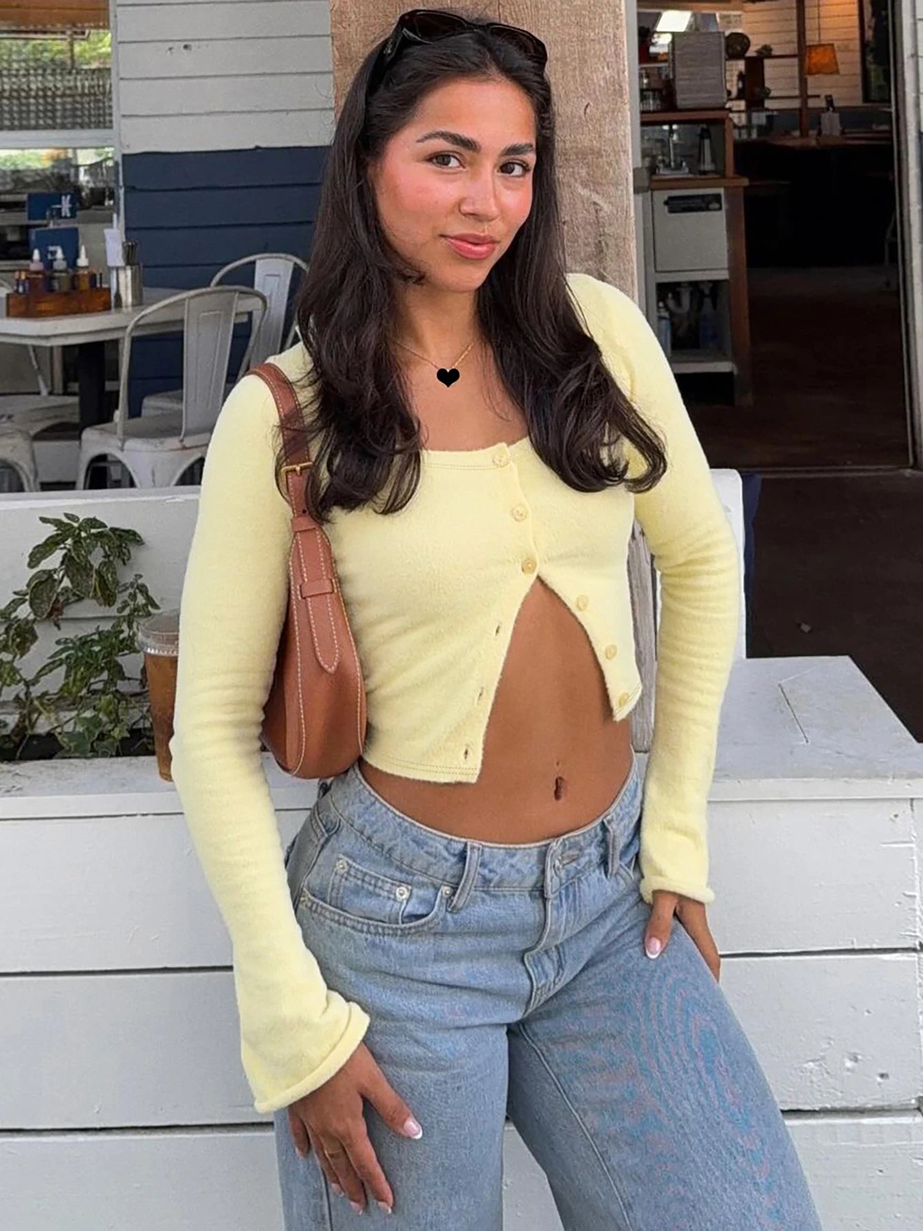 Hugcitar Fashion Square Collar Solid Long Flare Sleeve Buttons Sexy Crop T-Shirt Top Fall Women Outfit Streetwear Party Festival