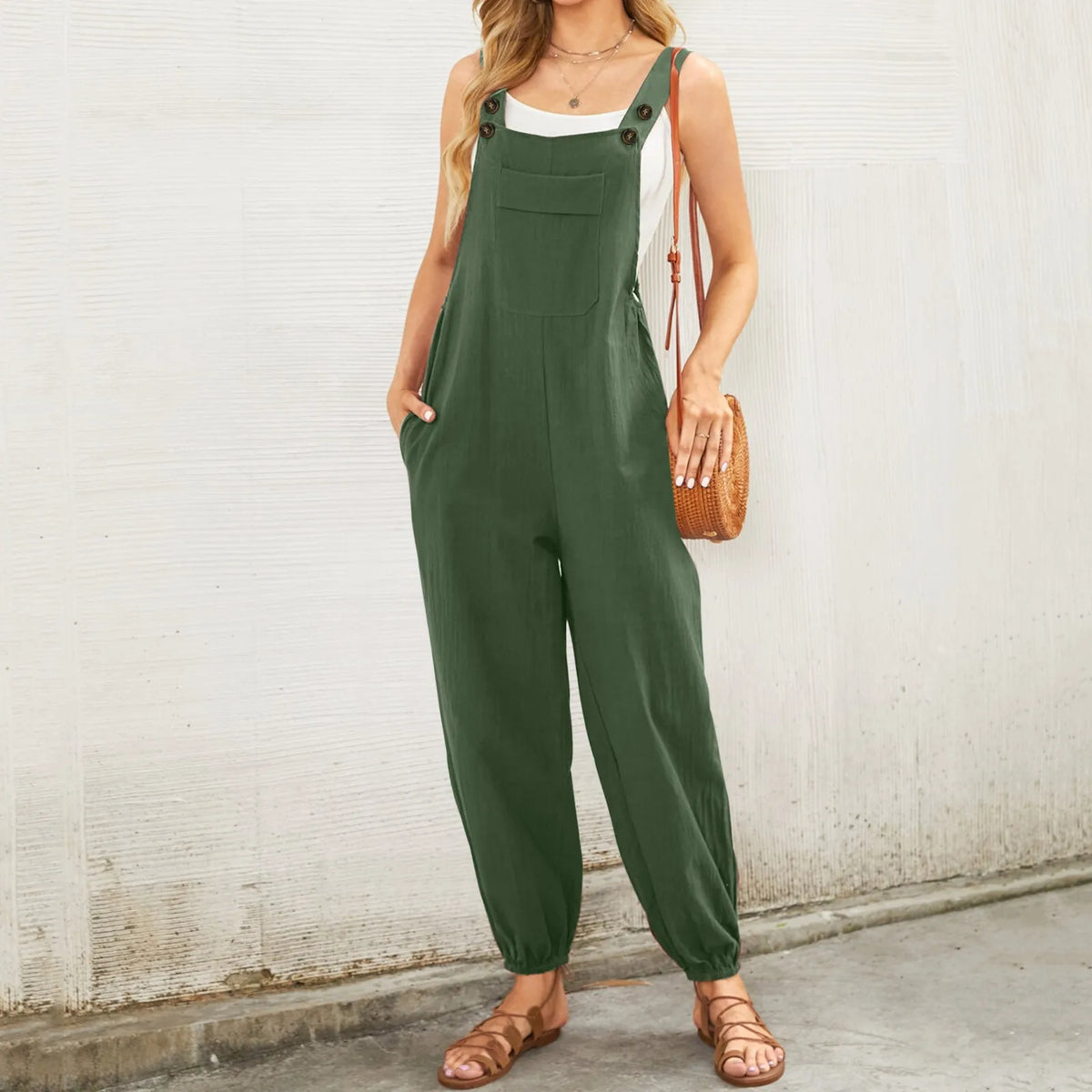 Women'S Sleeveless Overalls Jumpsuit Casual Solid Color Summer Wide Leg Bib Pants Bottons Jumpsuits Rompers With Pockets