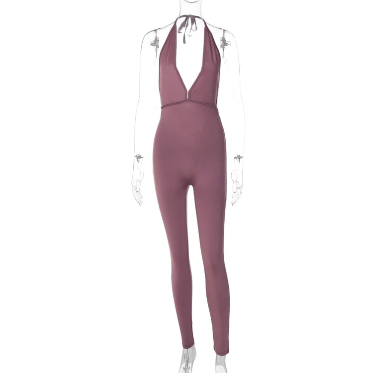 DGLUKE Halter Neck Backless Sexy Bodysuit Jumpsuits For Women Deep V-Neck Push Up Sports Jumpsuit Overalls Tight Summer Playsuit