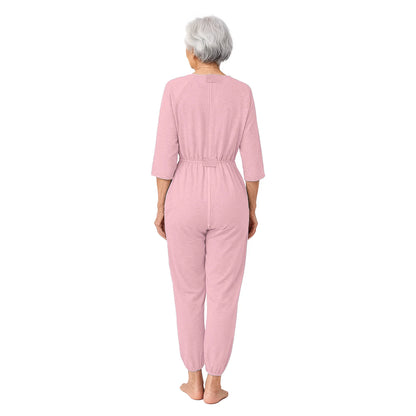Women's Elderly Anti-Strip Adaptive Jumpsuit Back Legs Zip Long Sleeve Long Pants Nursing Rompers for Special Needs Disabilities