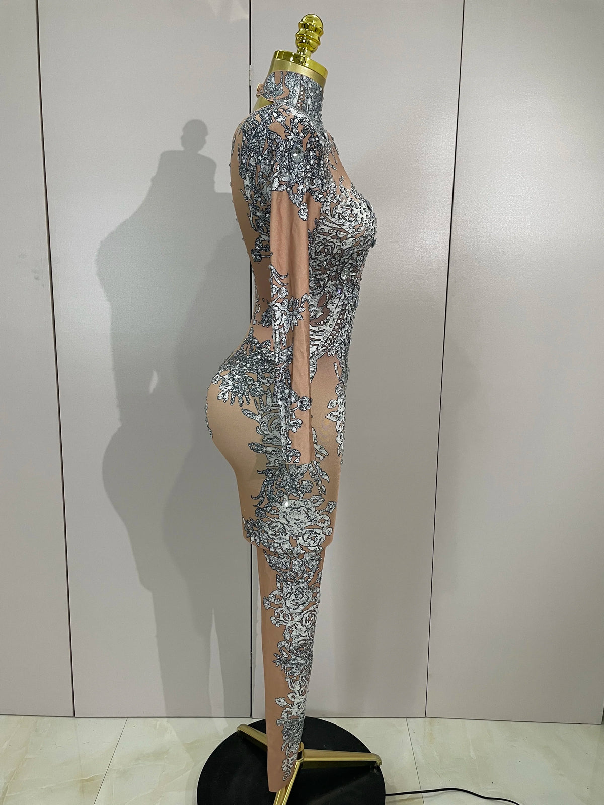Luxury Sparkly Diamonds Print Long Sleeves Stretch Jumpsuit Evning Party Dancer Nightclub Bar DJ Sexy Stage Performance Costumes