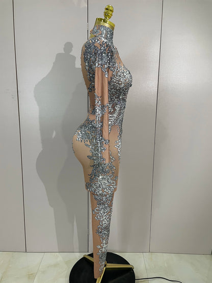 Luxury Sparkly Diamonds Print Long Sleeves Stretch Jumpsuit Evning Party Dancer Nightclub Bar DJ Sexy Stage Performance Costumes