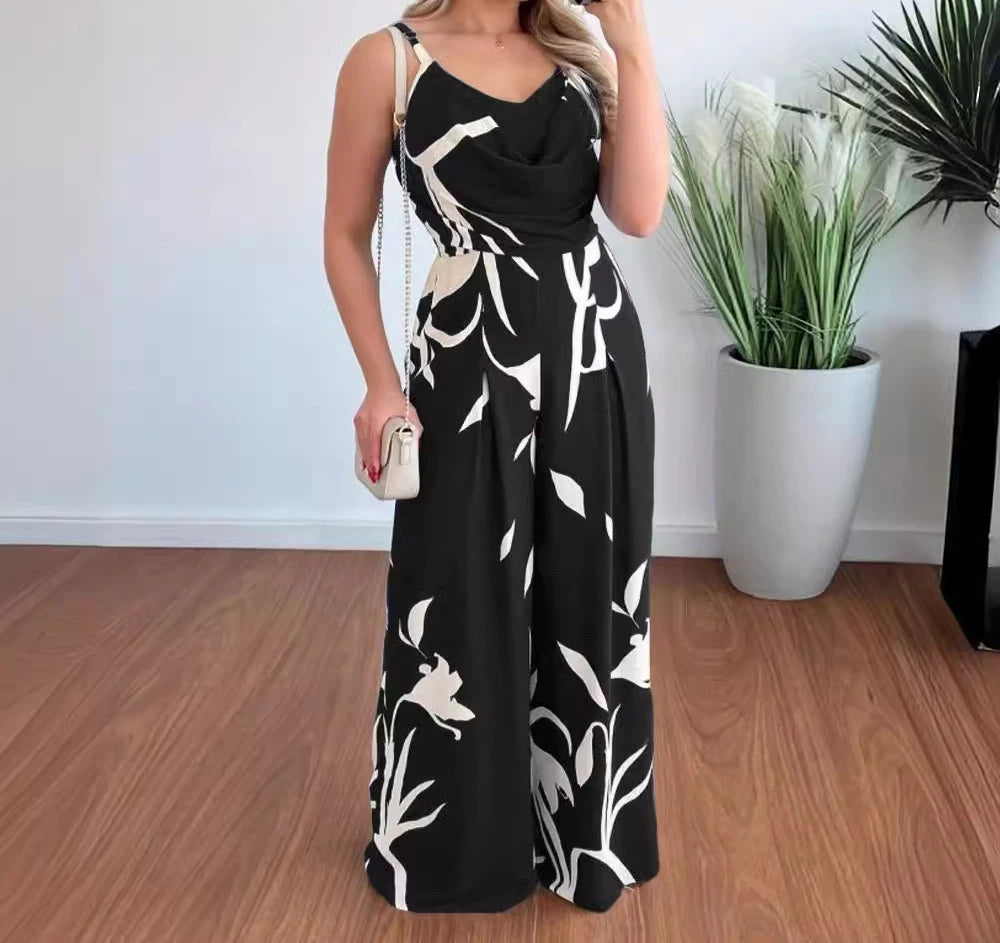 Women's Jumpsuit 2024 Summer Fashion Print Temperament Commuting Elegant Overalls Sleeveless V-neck Open Back Wide Leg Jumpsuits