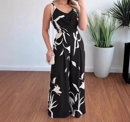 Women's Jumpsuit 2024 Summer Fashion Print Temperament Commuting Elegant Overalls Sleeveless V-neck Open Back Wide Leg Jumpsuits