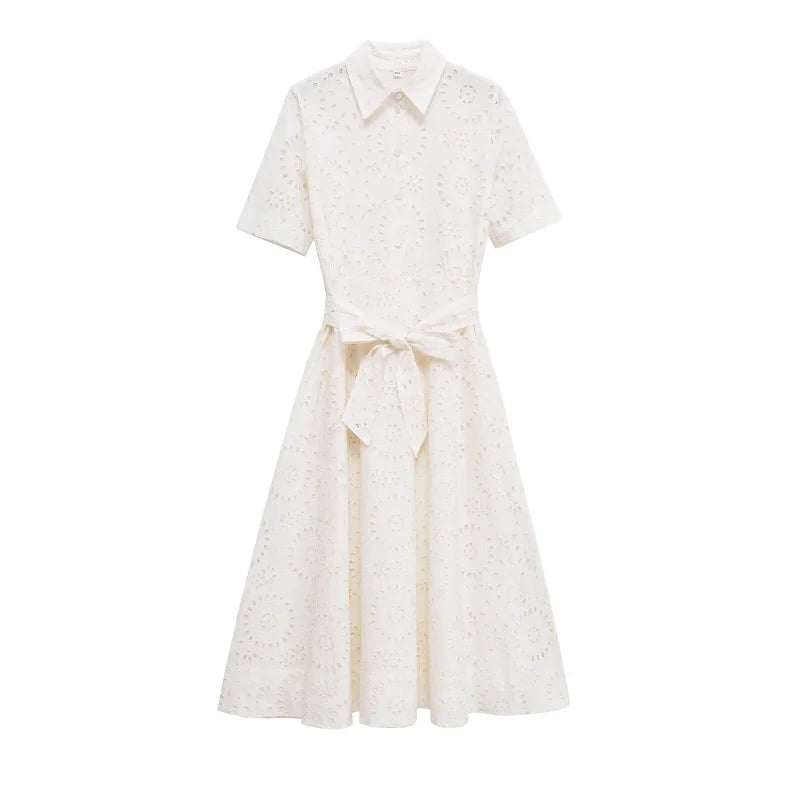 ETJ 2025 new  women's elegant fashion hollow embroidery cotton shirt lapel short-sleeved dress temperament long skirt