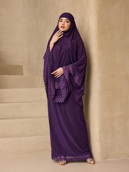 Elegant Multi Layer Lace Trim Khimar Abaya Two Piece Set, Modest Prayer Long Dress For Muslim Women Eid Daily Religious Wear