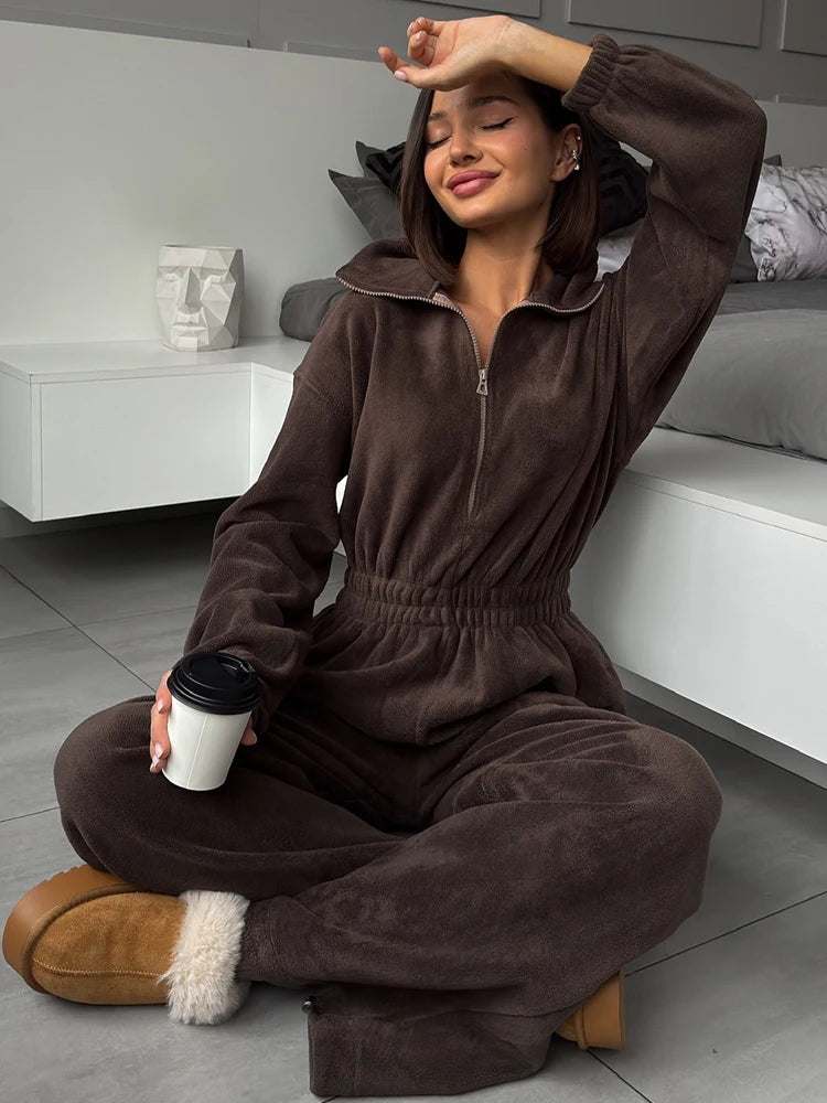 FSMG Casual Long Sleeve Half-Zip Sports Jumpsuits Women's Solid Loose Lapel Elastic Waist Tracksuits Comfy One-Piece Lounge Set