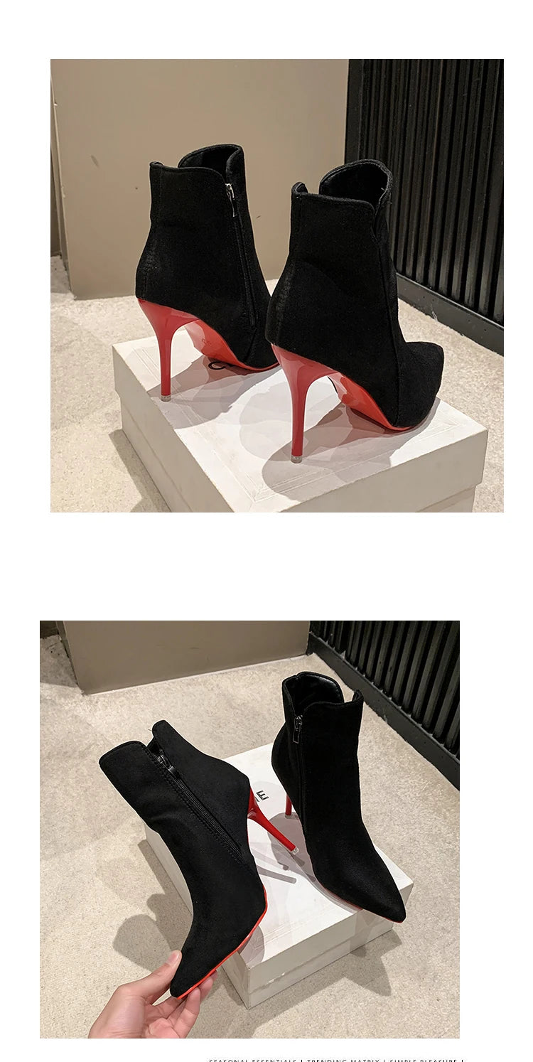 Aphixta 10cm Stilettos Winter Red Heels Zip Warm Black Ankle Boots Women Flock Footwear Shoes Women Super Big Size 47 48 49 50