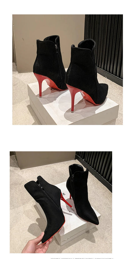 Aphixta 10cm Stilettos Winter Red Heels Zip Warm Black Ankle Boots Women Flock Footwear Shoes Women Super Big Size 47 48 49 50