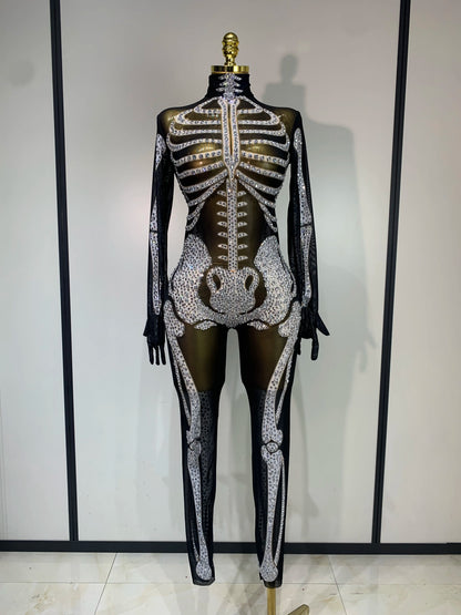 Luxury Rhinestones Skeleton Mesh See Through Jumpsuit Long Sleeve Nightclub Cos Party Stage Performance Halloween Costume