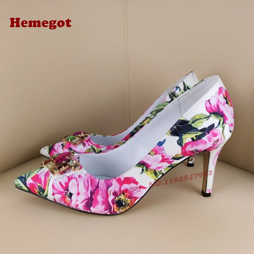 Print Flower Gemstone Pumps Pointy Toe Stiletto Heels Shallow Women's Pumps Colorful Crystals Sexy Elegant Shoes 2025 New Luxury