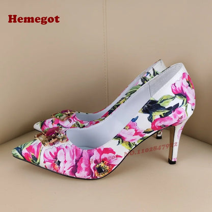 Print Flower Gemstone Pumps Pointy Toe Stiletto Heels Shallow Women's Pumps Colorful Crystals Sexy Elegant Shoes 2025 New Luxury