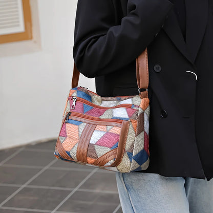 Women's  Crossbody Shoulder Bag, Lightweight Geometric Pattern, Multi-Layer Design, Secure Zipper Closure, Colorful Accessories