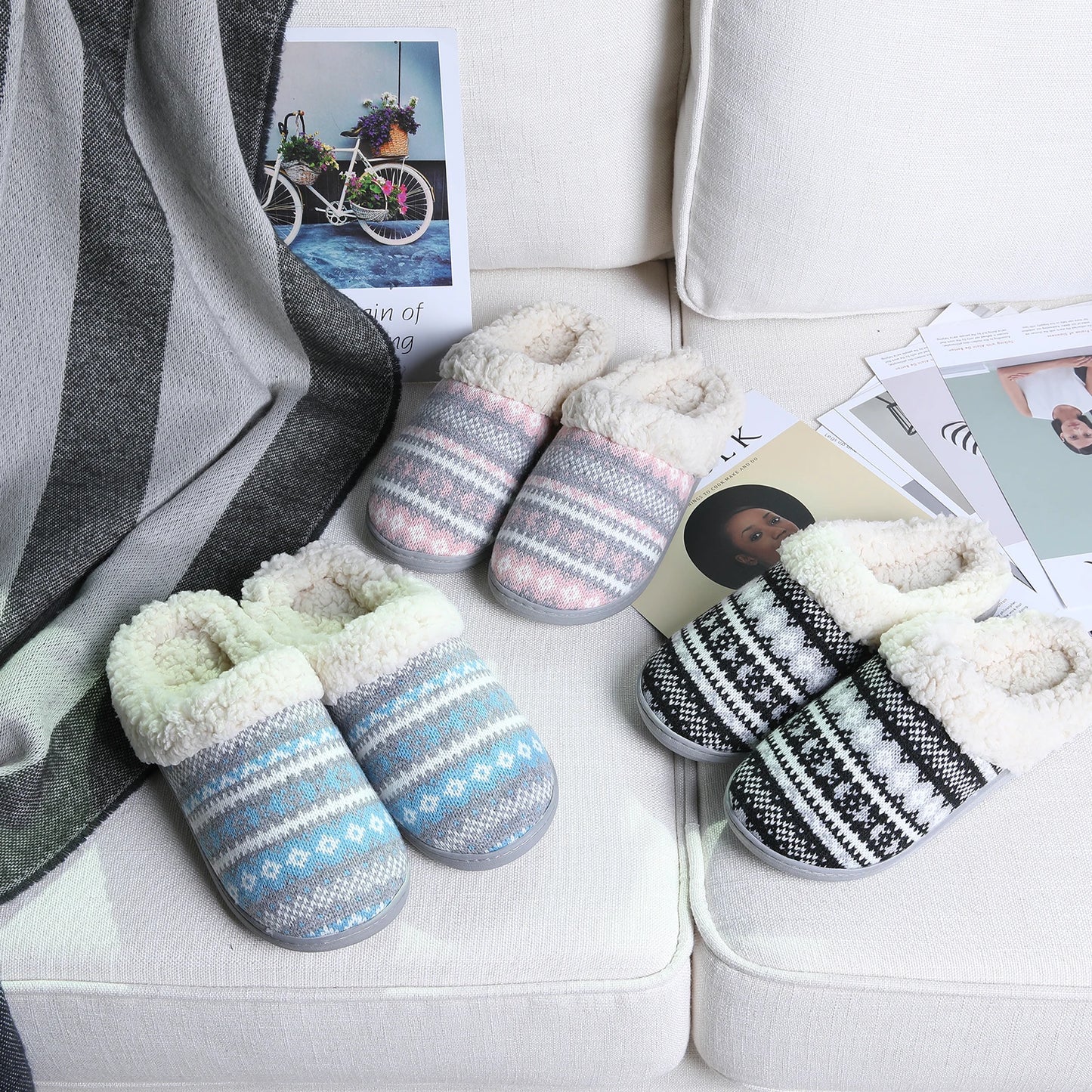 Comwarm Winter Warm Cotton Slippers For Women Men Flats Soft Non-slip Fluffy Shoes Design Slides Couple Indoor House Slippers