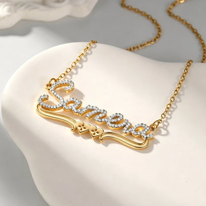 Qitian Personalized Moissanite Name Necklace 925 Sterling Silver 18K Gold Plated Custom Name Pendant Double Heart Design Jewelry