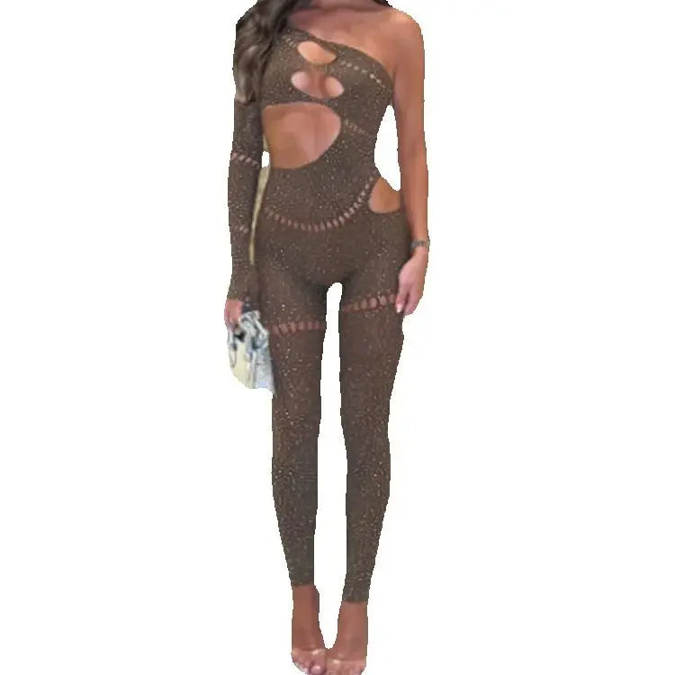 Whatiwear Rhinestones Patchwork Jumpsuit Women Sexy Hollow Skew Collar Single Sleeve Hottie Midnight Club Party Coquett Overalls