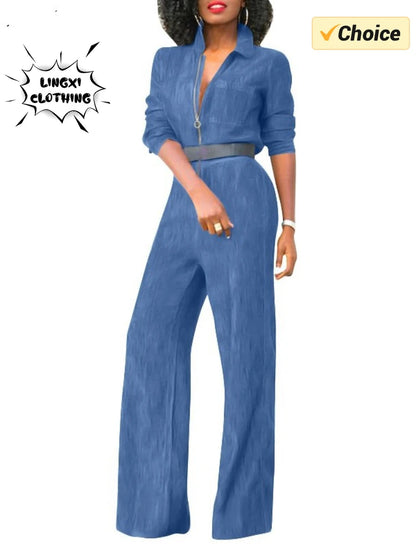 2024 Spring New Women's Jumpsuit Street Style Retro Washed Denim Fabric Lapel Half Open Long Sleeved Women's Jumpsuit