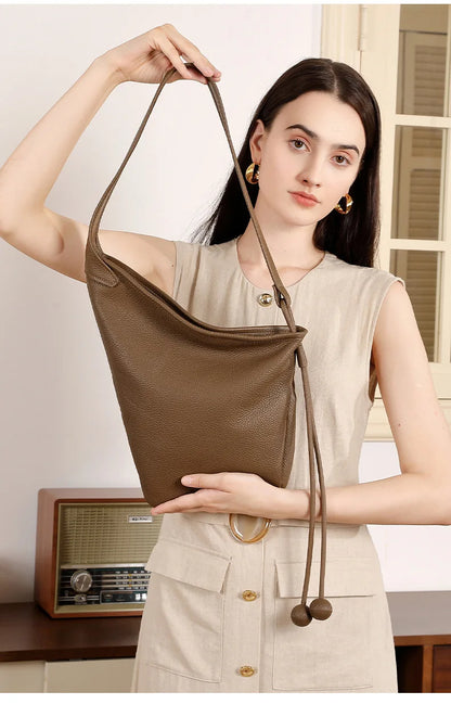 Women's Genuine Grade Cow Leather Handbags Luxury Designer Ladeis Shoulder Crossbody Bucket Bags for Woman Cowhide Underarm Bag
