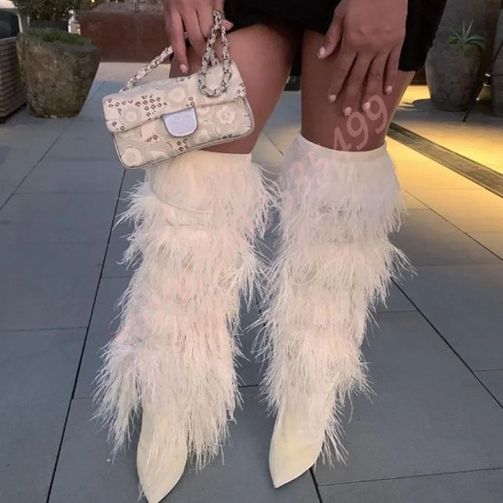 2025 Winter Black Sexy Ladies Catwalk Fur Boots Fashion Street Model Soft Fur Knee-High Stage Boots Pointed Warm Stiletto Boots