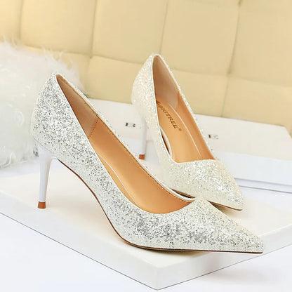 Women 7cm 9.5cm High Heels Pumps Wedding Bridal Scarpins Sparkly Mid Heels Lady Party Sequins Glitter Evening Gold Silver Shoes
