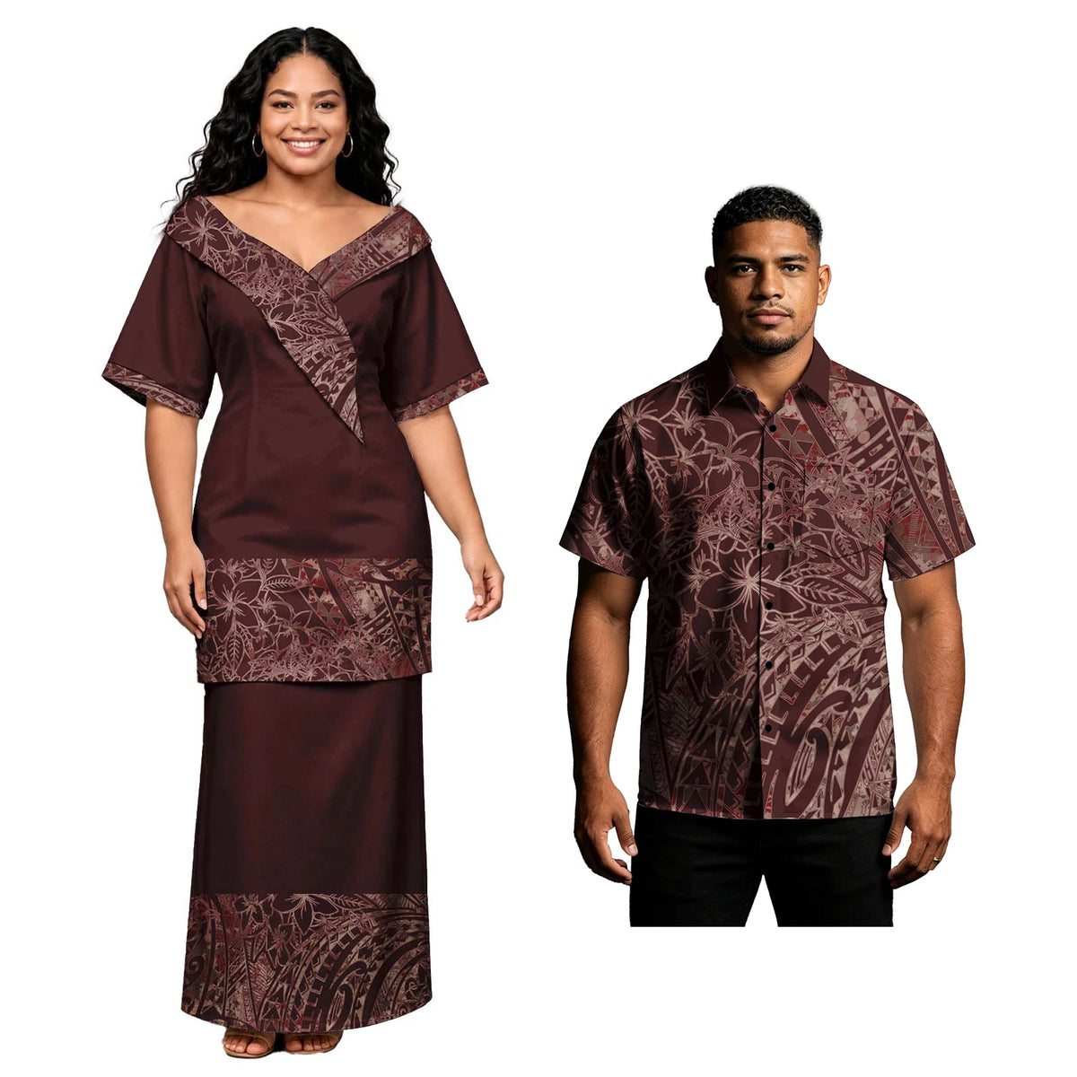 Holiday Party Hawaiian Tropical Pattern Couple Outfits Polynesian Men Button Shirts Women Tribal Design Church Samoan Puletasi