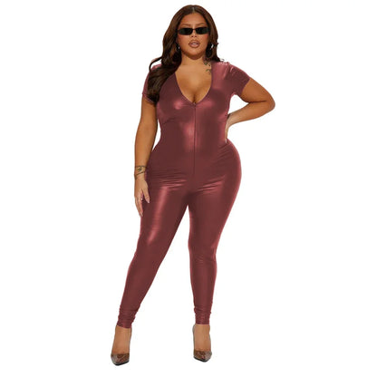 Deep V-neck Women Bodycon Jumpsuits Matte PU Leather Short Sleeve Skinny Zentai Ravely Party Club Stage Performance 8XL
