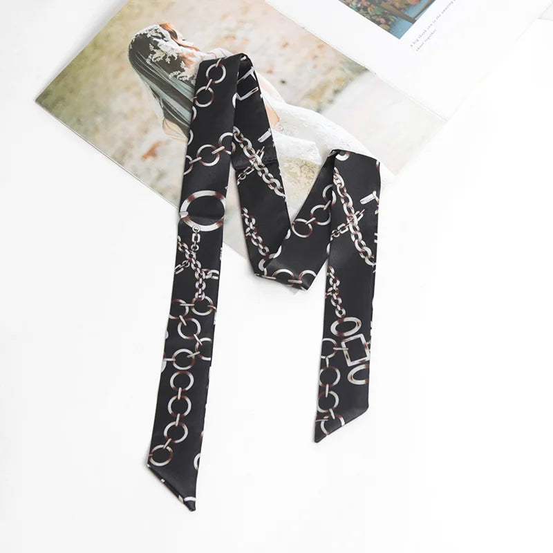 Women Print Flower Small Scarf Handle Bag Ribbons Fashion Head Scarf Small Long Skinny Scarves Headbands Tie Accessories