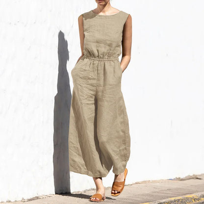 Jumpsuits Women New Summer Solid Color high-waisted Sleeveless Elastic Waist Casual Loose Temperament Rompers Clothing JYFS6542