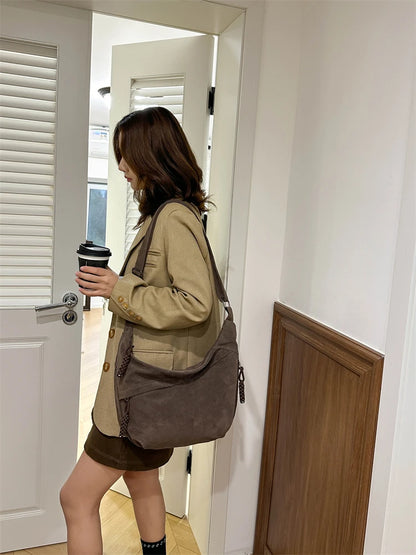Retro Crossbody Messenger Bags For Women Faux Suede Pure Color Big Capacity Shoulder Hobo Bag 2025 Winter Latest Ladies Handbags