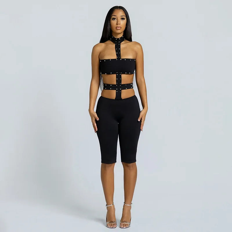 Sexy Halter Neck Cutout Bodycon Jumpsuit Women 2026 Summer Solid Studded Hollow Out Biker Short Romper Party Clubwear Outfits