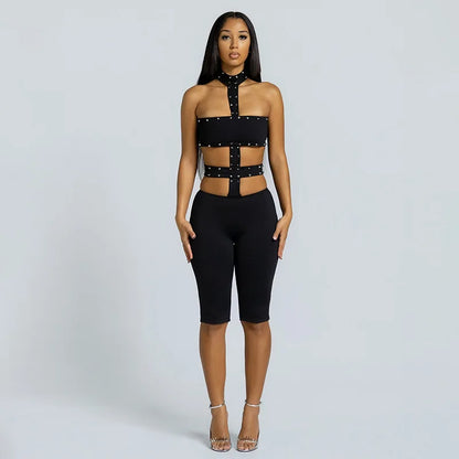 Sexy Halter Neck Cutout Bodycon Jumpsuit Women 2026 Summer Solid Studded Hollow Out Biker Short Romper Party Clubwear Outfits