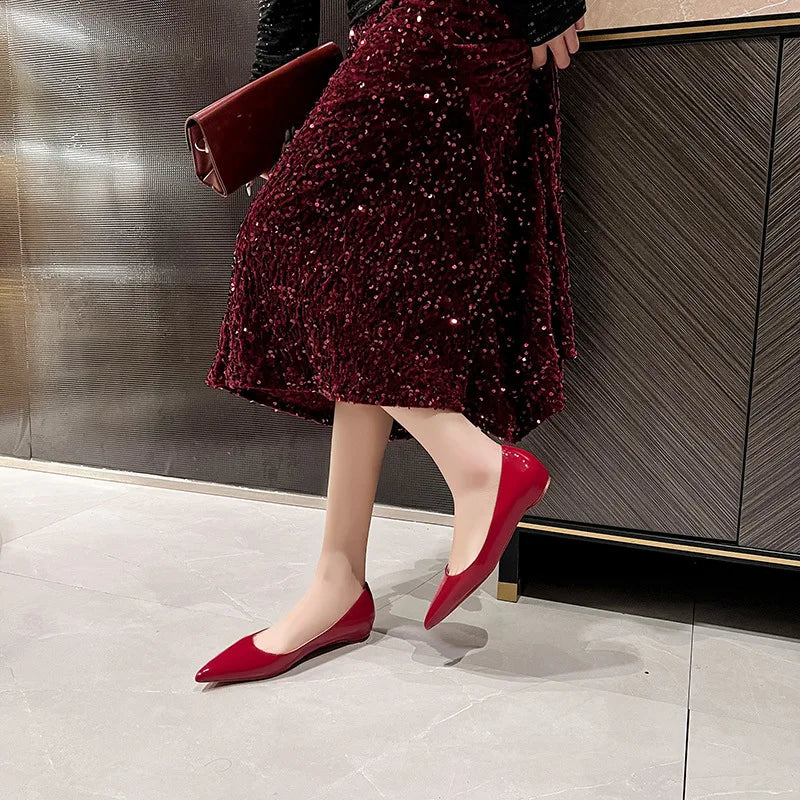 Ladies' inner height increase 3CM flat sole single shoe patent leather solid color versatile casual shallow mouth single shoe