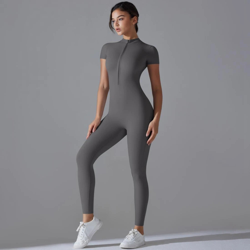 Womens Jumpsuits Short Sleeve Yoga Slim Fit Stretch One Piece Romper Sexy Fitness Female Basic Sportwears Black Zipper Ladies