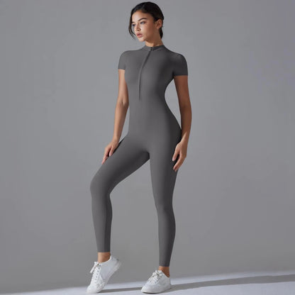 Womens Jumpsuits Short Sleeve Yoga Slim Fit Stretch One Piece Romper Sexy Fitness Female Basic Sportwears Black Zipper Ladies