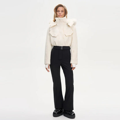 Faux Fur Patchwork Ski Jumpsuit Women Detachable Hoodie Long Sleeves Belts Zipper Warm Skiwear Female 2025 Winter Warm Rompers