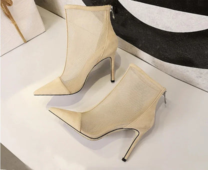 Eilyken 2026 New Spring Autumn Sexy Mesh High Heels Runway Ankle Boots For Women Pointed Toe Ladies Party Zipper Shoes