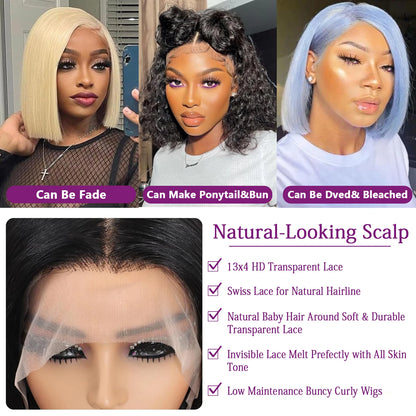 220% Density Straight 13x4 Lace Frontal Short Bob Wigs 100% Human Hair 4x4 Lace Closure Wig Virgin Bob Wigs #1B Natural Black