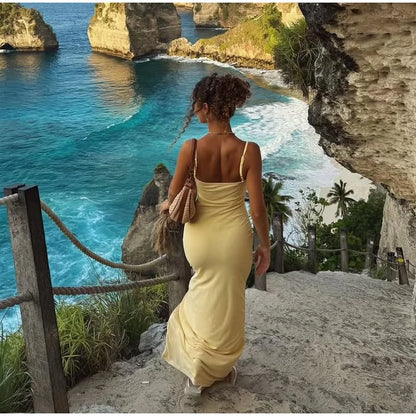 Elegant Women's Backless Yellow Lace Dresses Cross-back Design Long Slim Fit A-line Summer Dress Y2k Vacation Travel Vestido2026