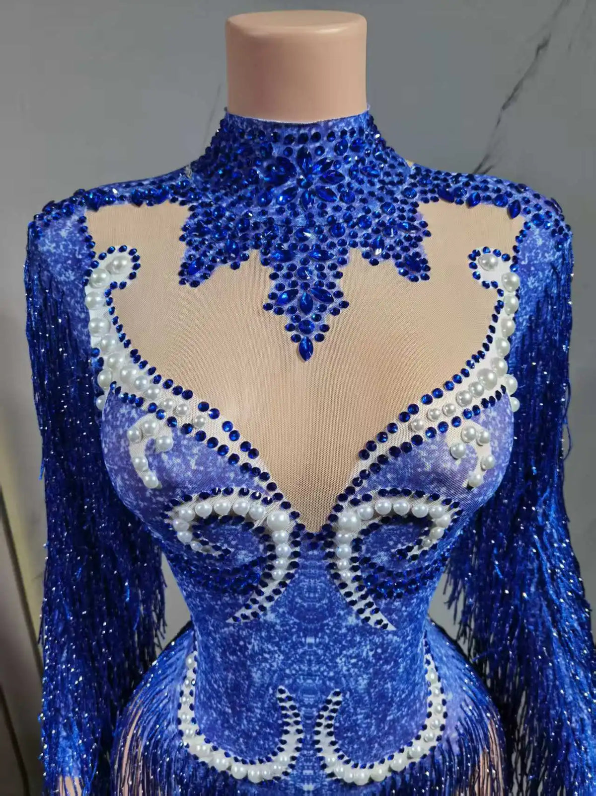 Luxury Gray Fringe Silver Rhinestones Pearls Transparent Bodysuit Women Dance Show Costume Birthday Party Outfit