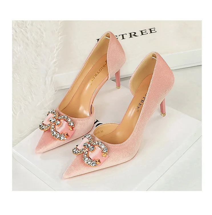BIGTREE Party Pumps 7cm Thin High Heels Western Style Velvet Shallow Pointed Toe Side Hollow Crystal Pearl Bow Lady Shoes Pink