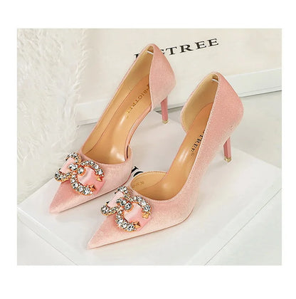 BIGTREE Party Pumps 7cm Thin High Heels Western Style Velvet Shallow Pointed Toe Side Hollow Crystal Pearl Bow Lady Shoes Pink