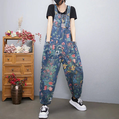 Casual Streetwear Print Floral Denim Jumpsuit Woman Loose Baggy Wide Leg Pants Rompers Big Size Pockets Straps Jeans Overalls